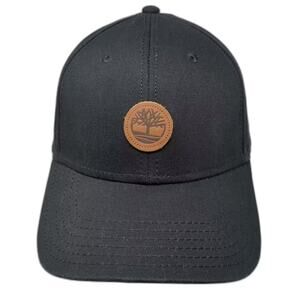 Timberland Baseball Cap Black Brown OS Cotton Leather Patch Logo Strapback Hat